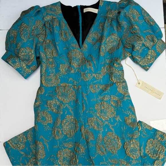 NWT Happy x Nature by Kate Hudson Teal & Gold Brocade Puff Sleeve Jumpsuit - Picture 3 of 15